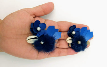 Hand Embroidered Blue Applique With Cowrie Shell, Sequins,Pearl and Feather Pom Pom